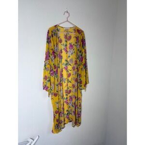 Band of gypsies Floral Duster Cardigan Medium Yellow Boho Bell Sleeve Chiffon